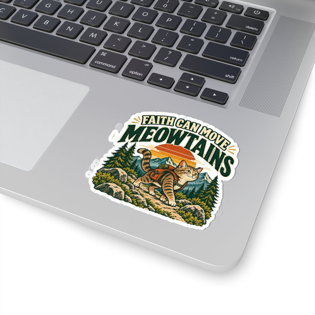 Meowtains Hiking Sticker — "Faith Can Move Meowtains" Cat Adventure Vinyl Sticker