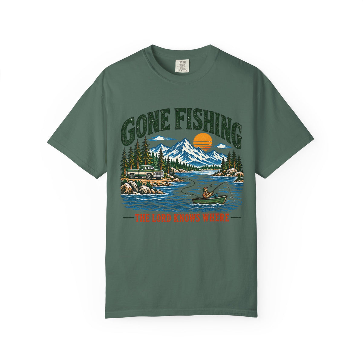 Gone Fishing T-Shirt - Scenic Lake Design "The Lord Knows Where"