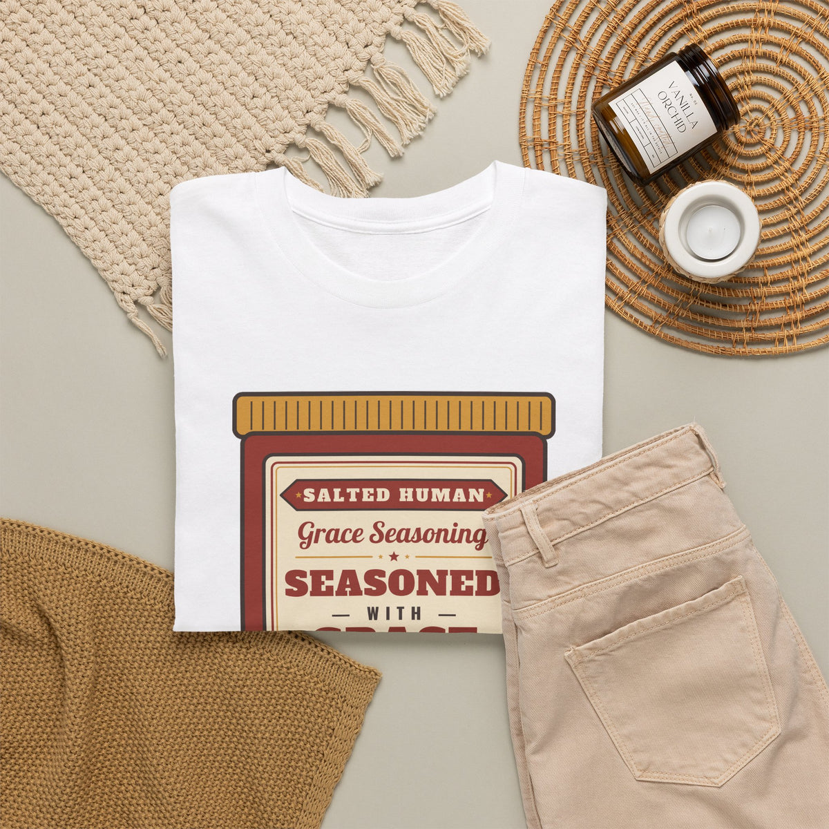 Seasoned in Grace T-Shirt — 'Salted Human' Vintage Spice Jar Faith Tee
