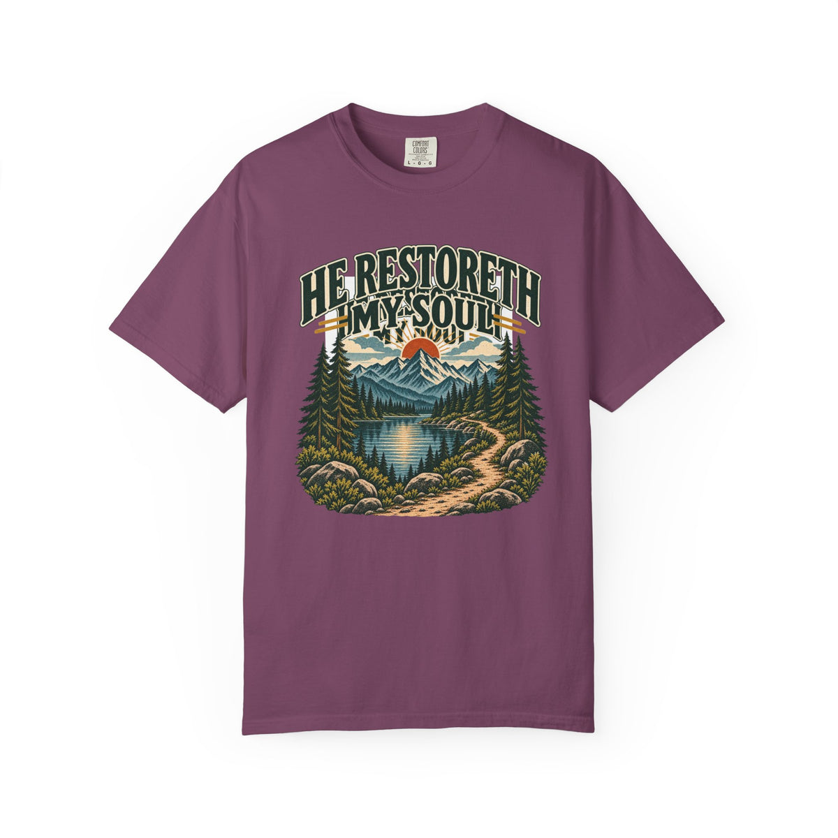 He Restoreth My Soul T-Shirt — Scenic Christian Nature Graphic Tee