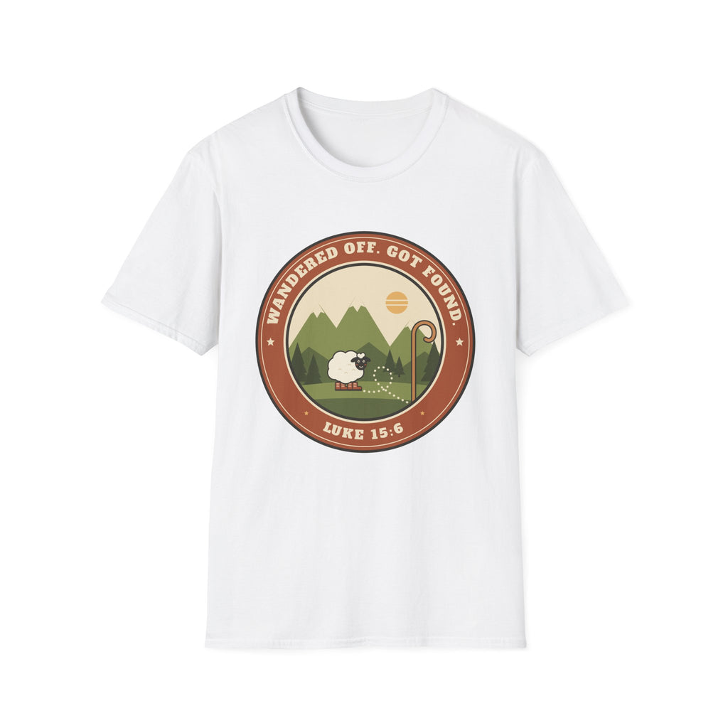 Sheep & Shepherd T-Shirt — "Wandered Off, Got Found" (Luke 15:6) Christian Faith Tee