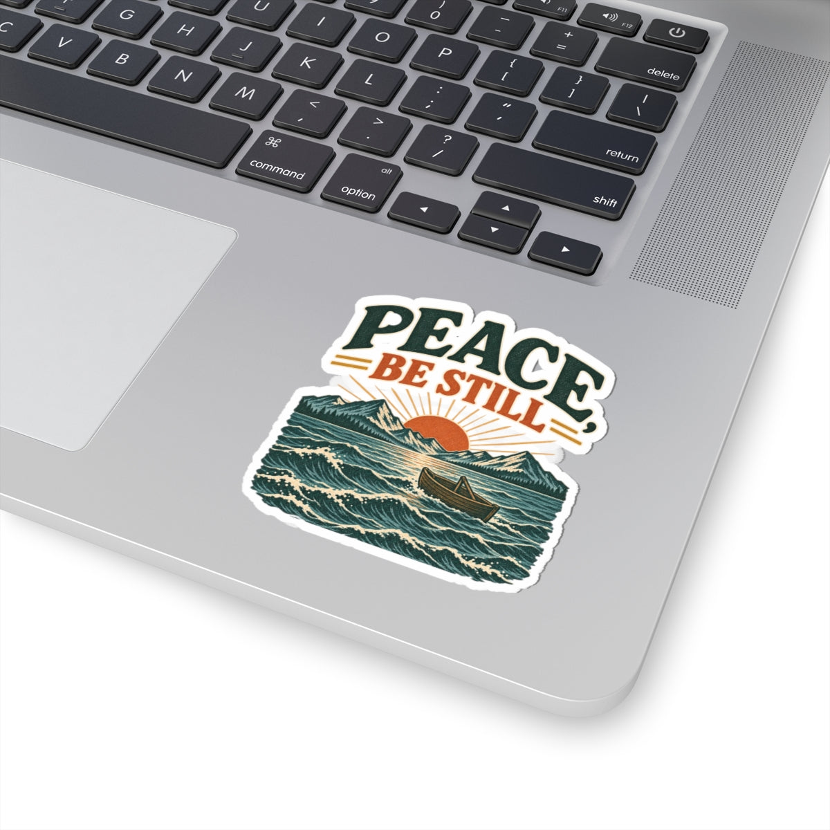 Peace, Be Still Sticker — Retro Lake Sunset Boat Vinyl Kiss-Cut