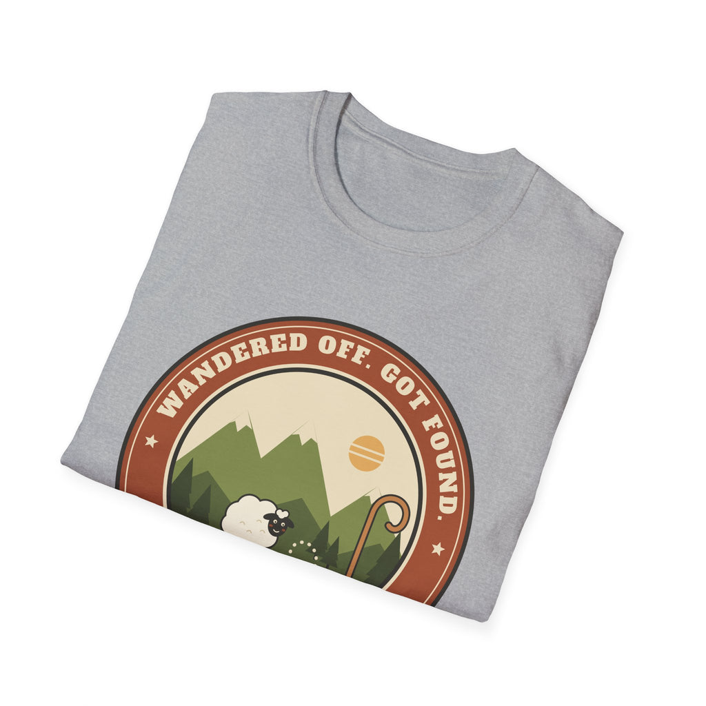 Sheep & Shepherd T-Shirt — "Wandered Off, Got Found" (Luke 15:6) Christian Faith Tee