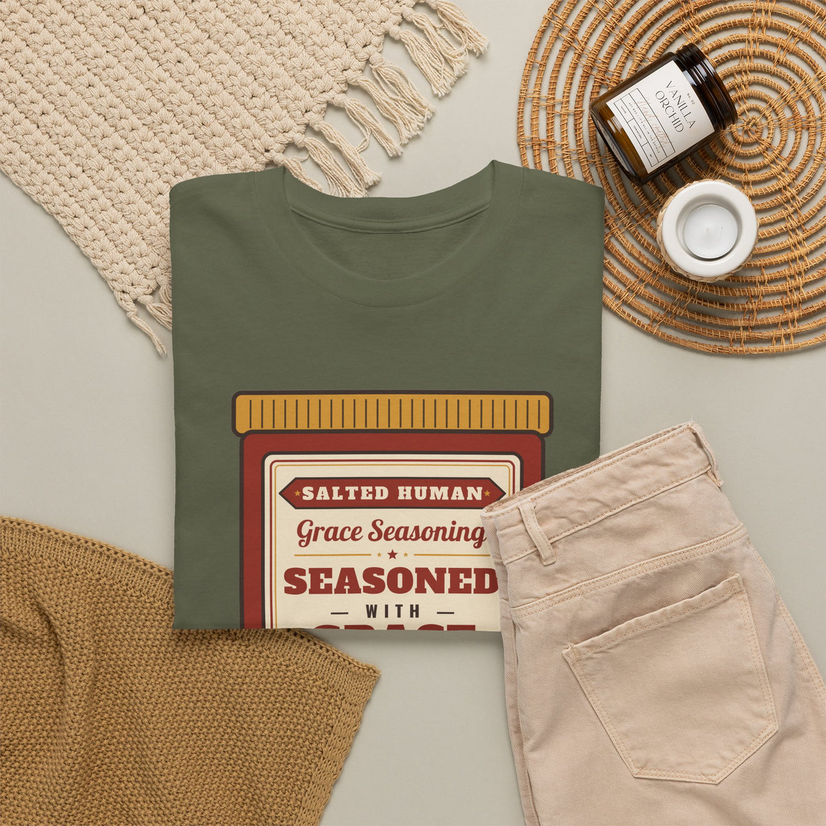 Seasoned in Grace T-Shirt — 'Salted Human' Vintage Spice Jar Faith Tee