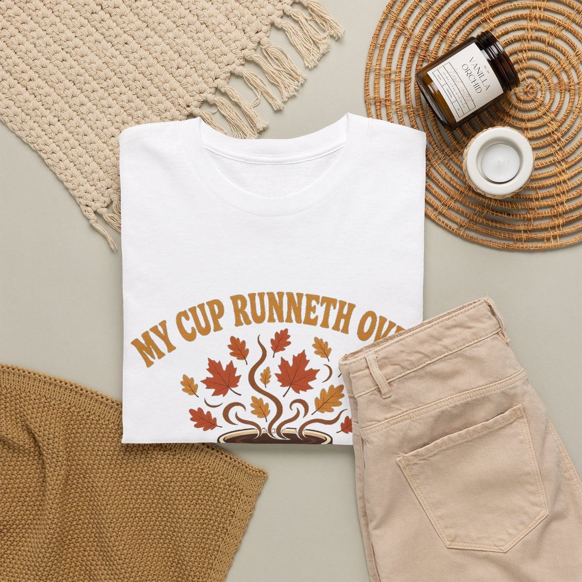 My Cup Runneth Over Coffee Tee — Fall Leaves & Psalm 23 Worship Shirt