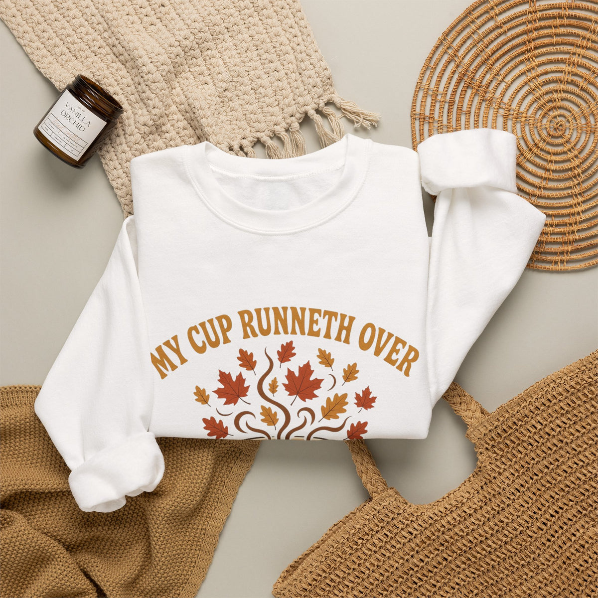 Fall Coffee Crewneck Sweatshirt — “My Cup Runneth Over” Cozy Autumn Pullover