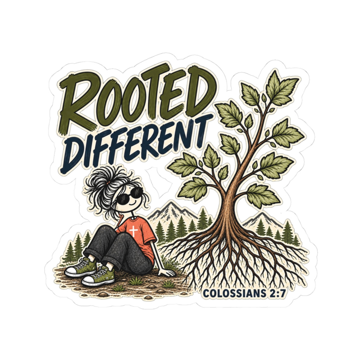Rooted Different Sticker — Colossians 2:7 Faith Botanical Laptop Decal