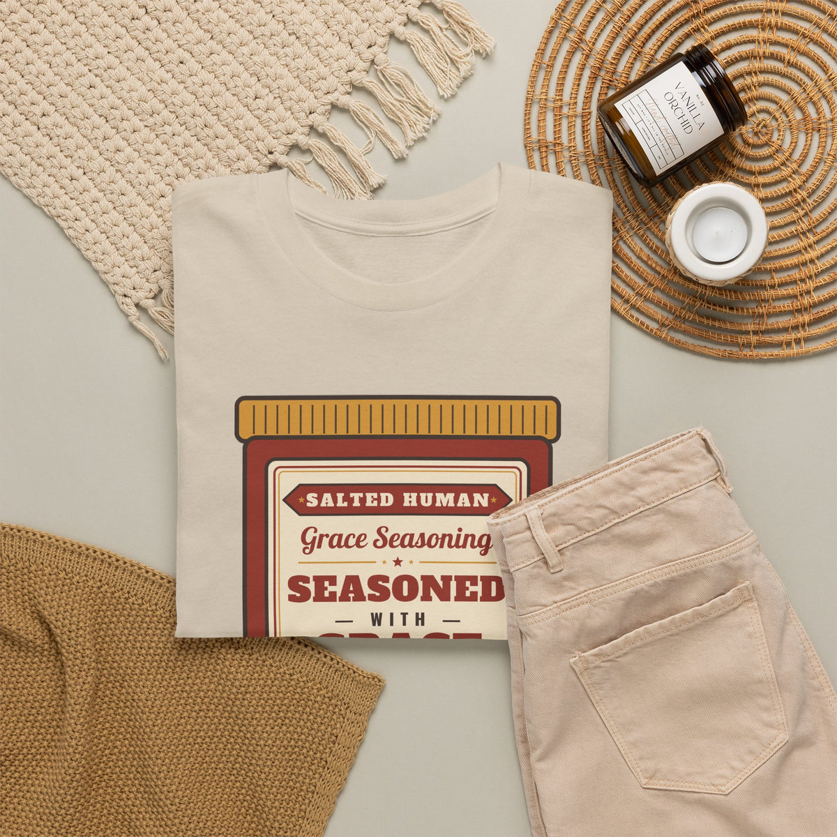 Seasoned in Grace T-Shirt — 'Salted Human' Vintage Spice Jar Faith Tee