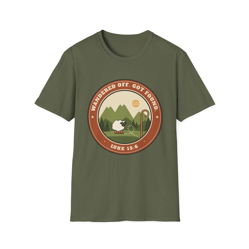 Sheep & Shepherd T-Shirt — "Wandered Off, Got Found" (Luke 15:6) Christian Faith Tee