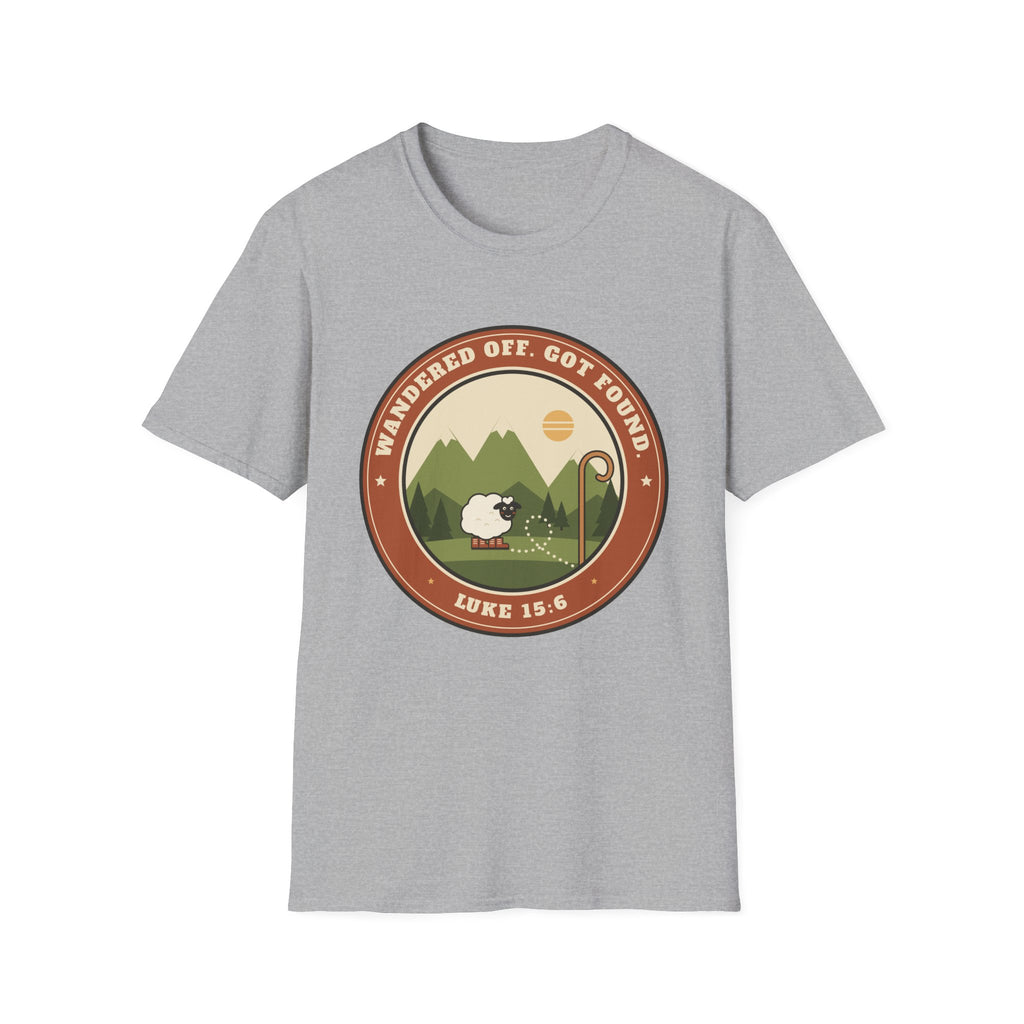 Sheep & Shepherd T-Shirt — "Wandered Off, Got Found" (Luke 15:6) Christian Faith Tee