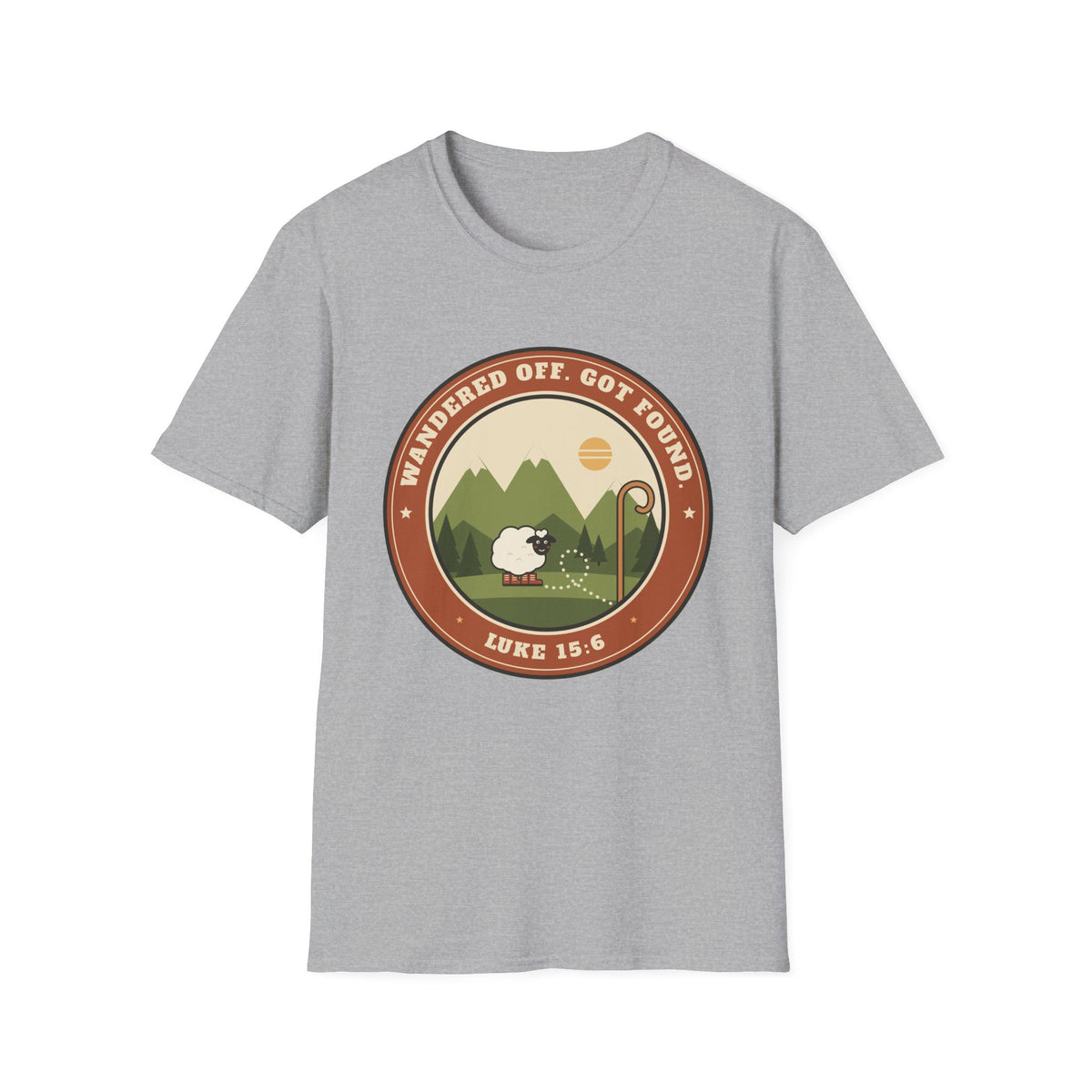 Sheep & Shepherd T-Shirt — "Wandered Off, Got Found" (Luke 15:6) Christian Faith Tee