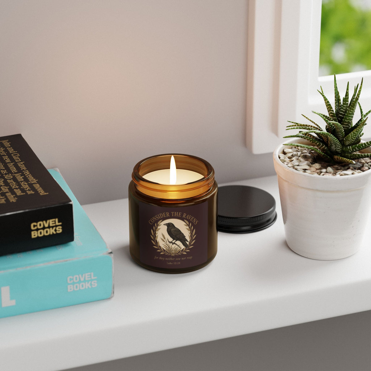 Raven Soy Candle — Amber Jar Scented Candle with 'Consider the Ravens' Vintage Design