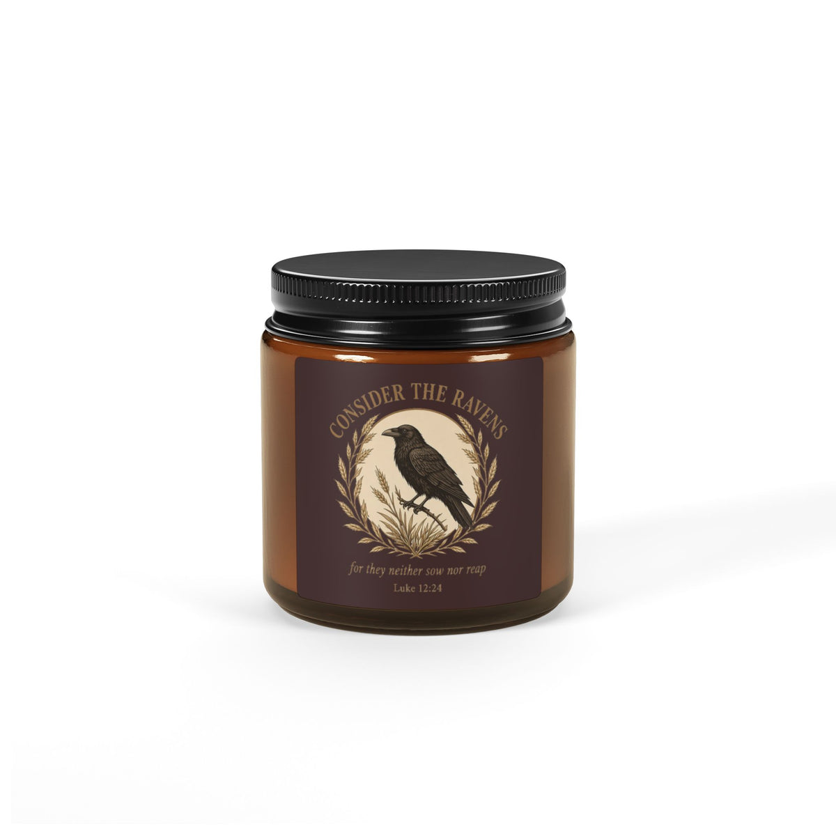 Raven Soy Candle — Amber Jar Scented Candle with 'Consider the Ravens' Vintage Design
