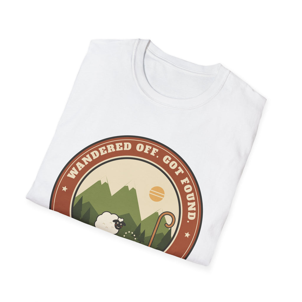 Sheep & Shepherd T-Shirt — "Wandered Off, Got Found" (Luke 15:6) Christian Faith Tee