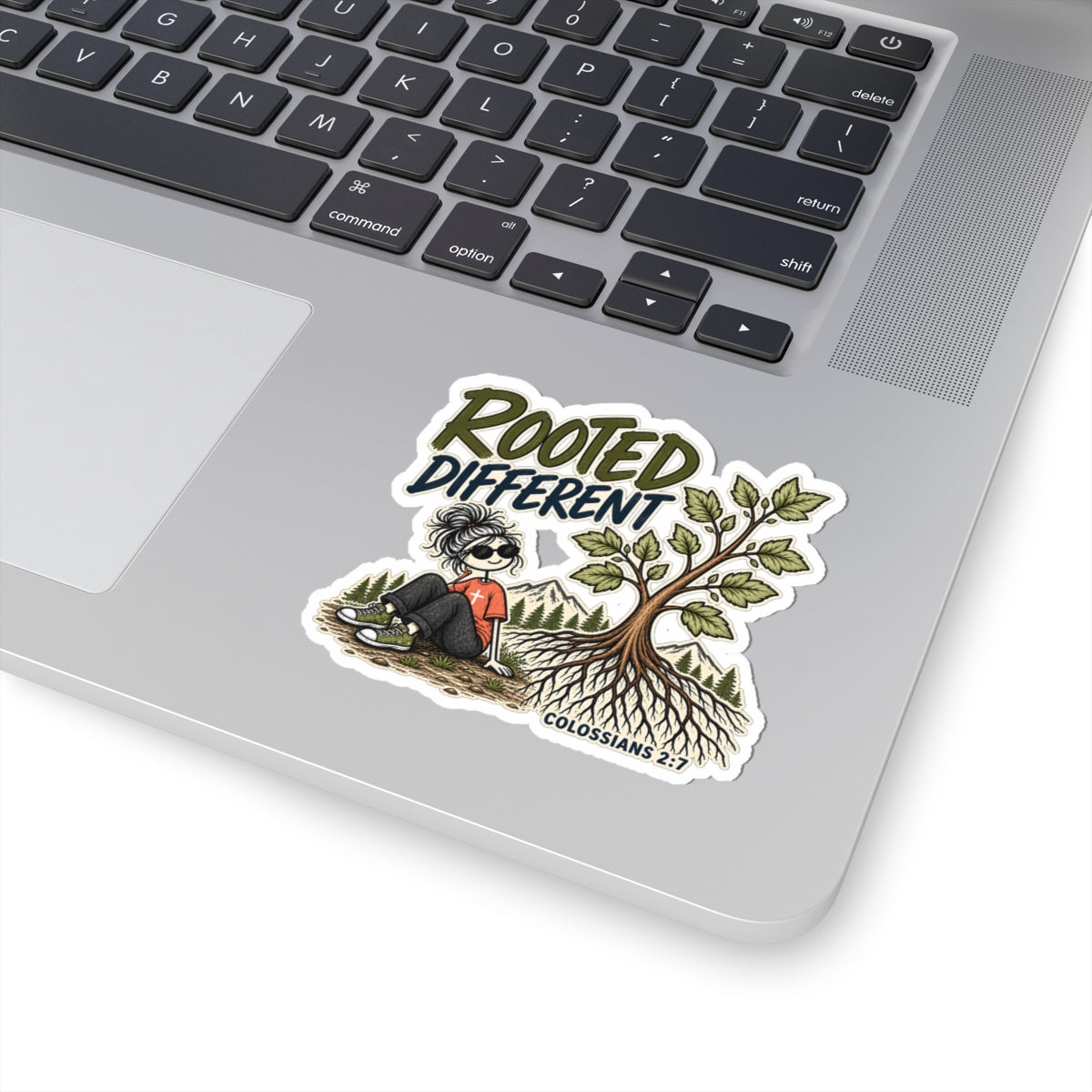 Rooted Different Sticker — Colossians 2:7 Faith Botanical Laptop Decal