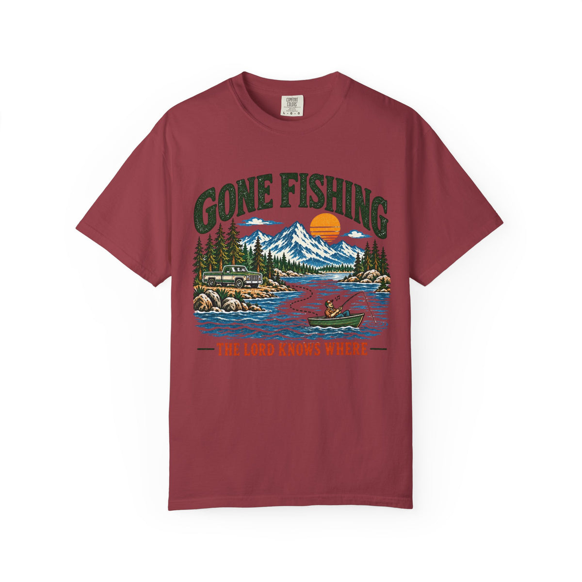 Gone Fishing T-Shirt - Scenic Lake Design "The Lord Knows Where"