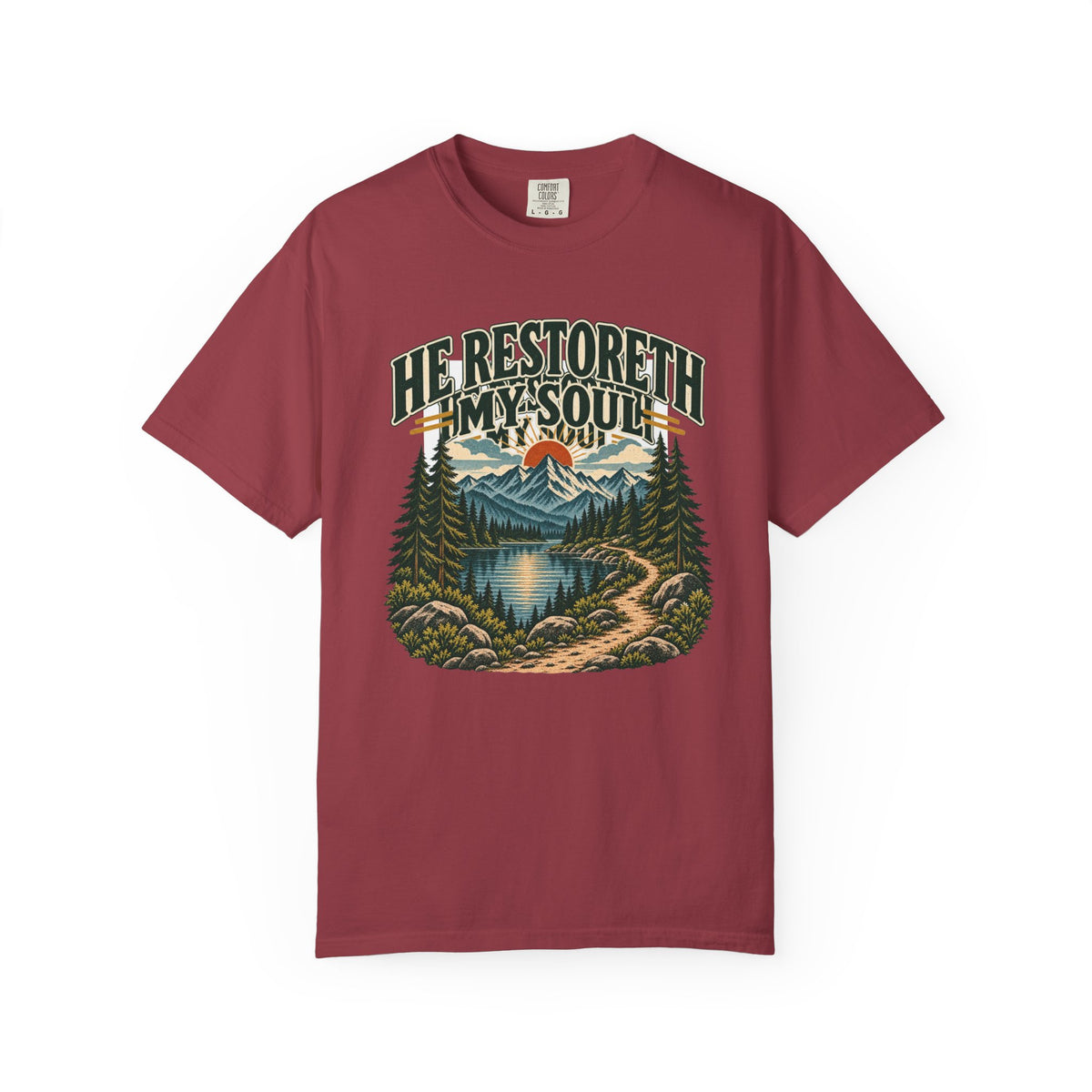 He Restoreth My Soul T-Shirt — Scenic Christian Nature Graphic Tee