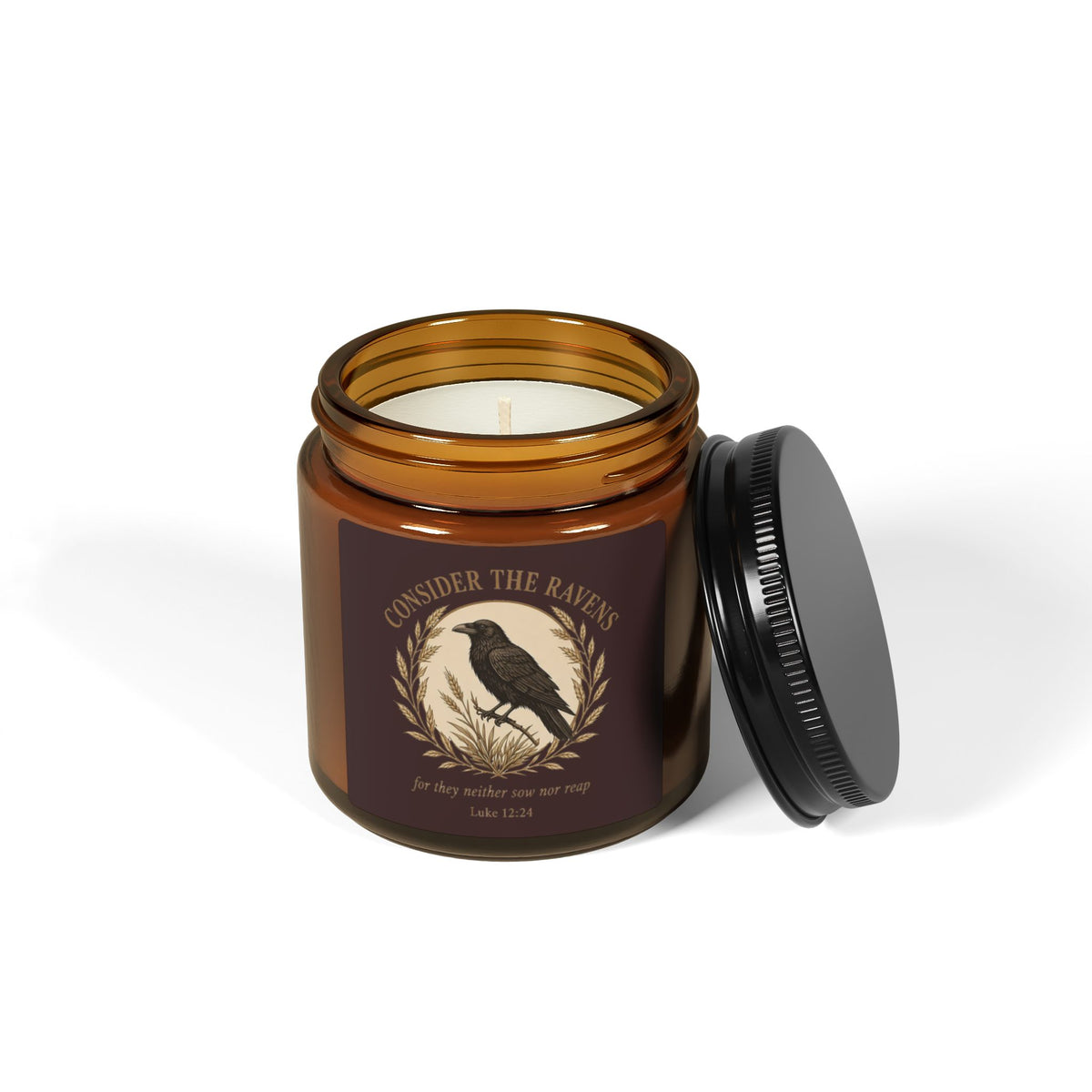 Raven Soy Candle — Amber Jar Scented Candle with 'Consider the Ravens' Vintage Design