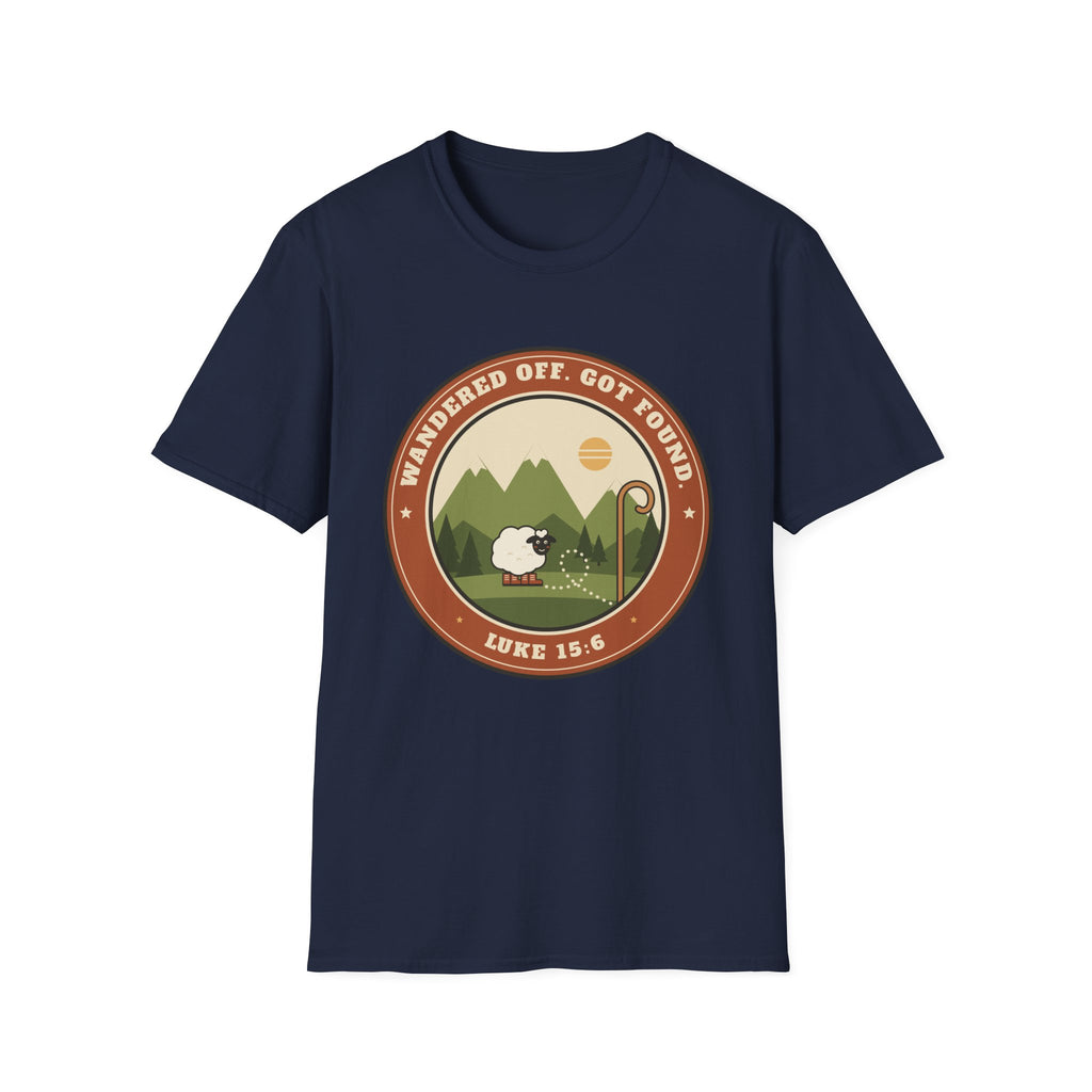 Sheep & Shepherd T-Shirt — "Wandered Off, Got Found" (Luke 15:6) Christian Faith Tee