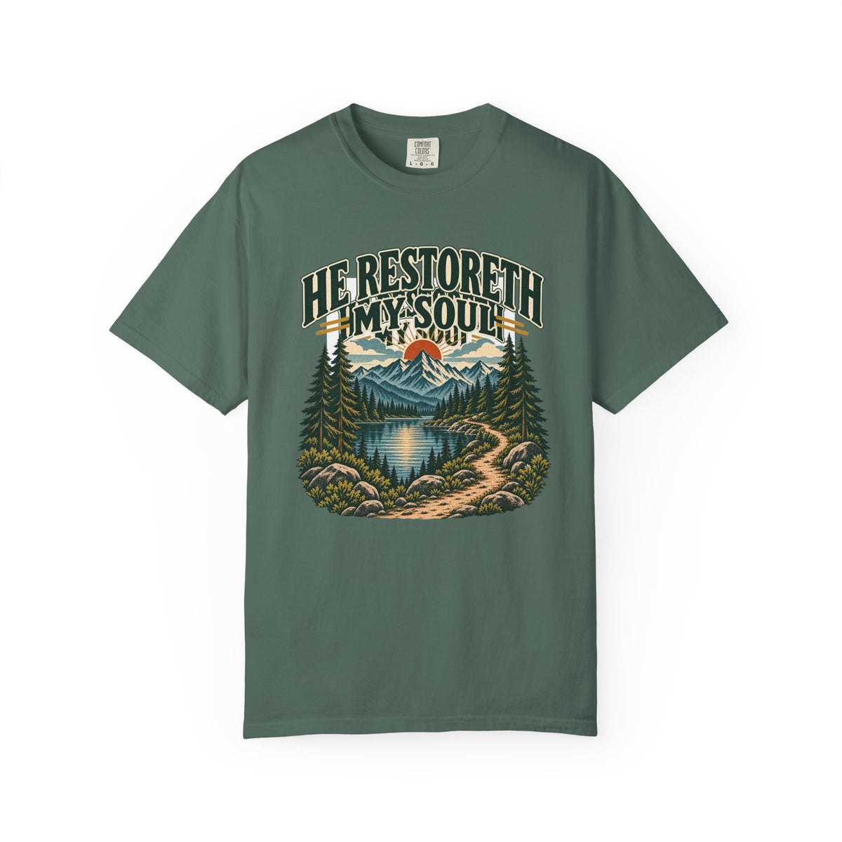 He Restoreth My Soul T-Shirt — Scenic Christian Nature Graphic Tee
