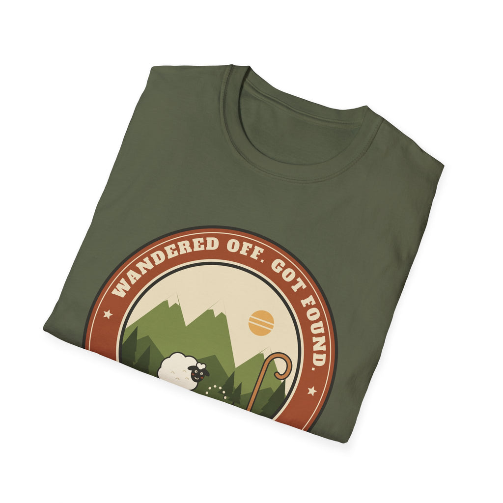 Sheep & Shepherd T-Shirt — "Wandered Off, Got Found" (Luke 15:6) Christian Faith Tee