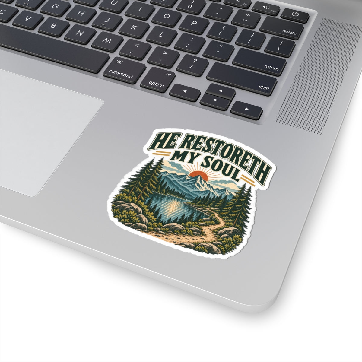 He Restoreth My Soul Nature Sticker — Scenic Mountains & Lake Faith Decal