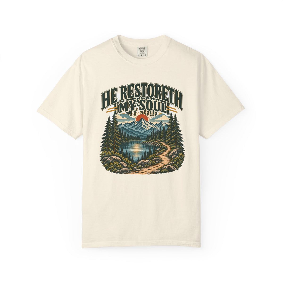 He Restoreth My Soul T-Shirt — Scenic Christian Nature Graphic Tee