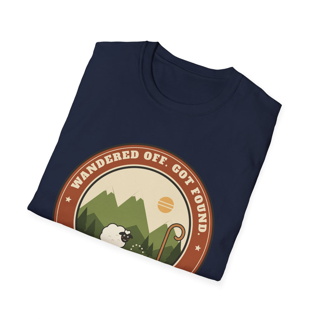 Sheep & Shepherd T-Shirt — "Wandered Off, Got Found" (Luke 15:6) Christian Faith Tee