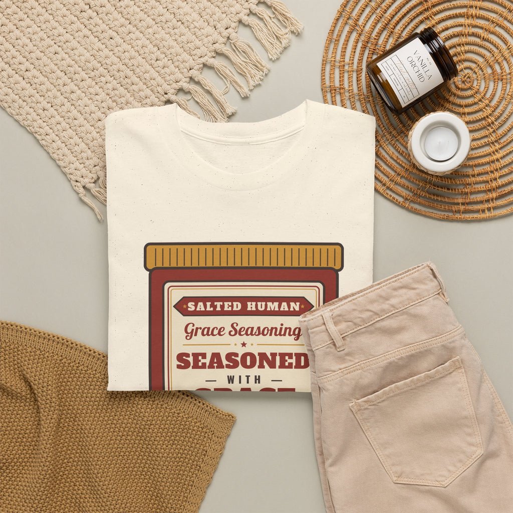 Seasoned in Grace T-Shirt — 'Salted Human' Vintage Spice Jar Faith Tee