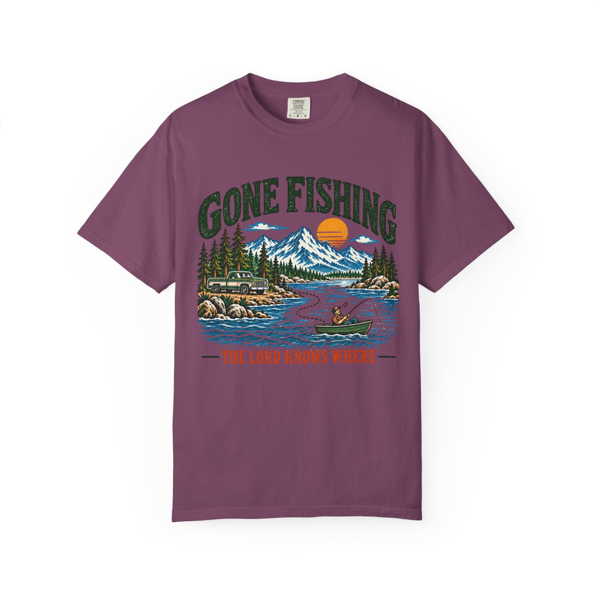 Gone Fishing T-Shirt - Scenic Lake Design "The Lord Knows Where"