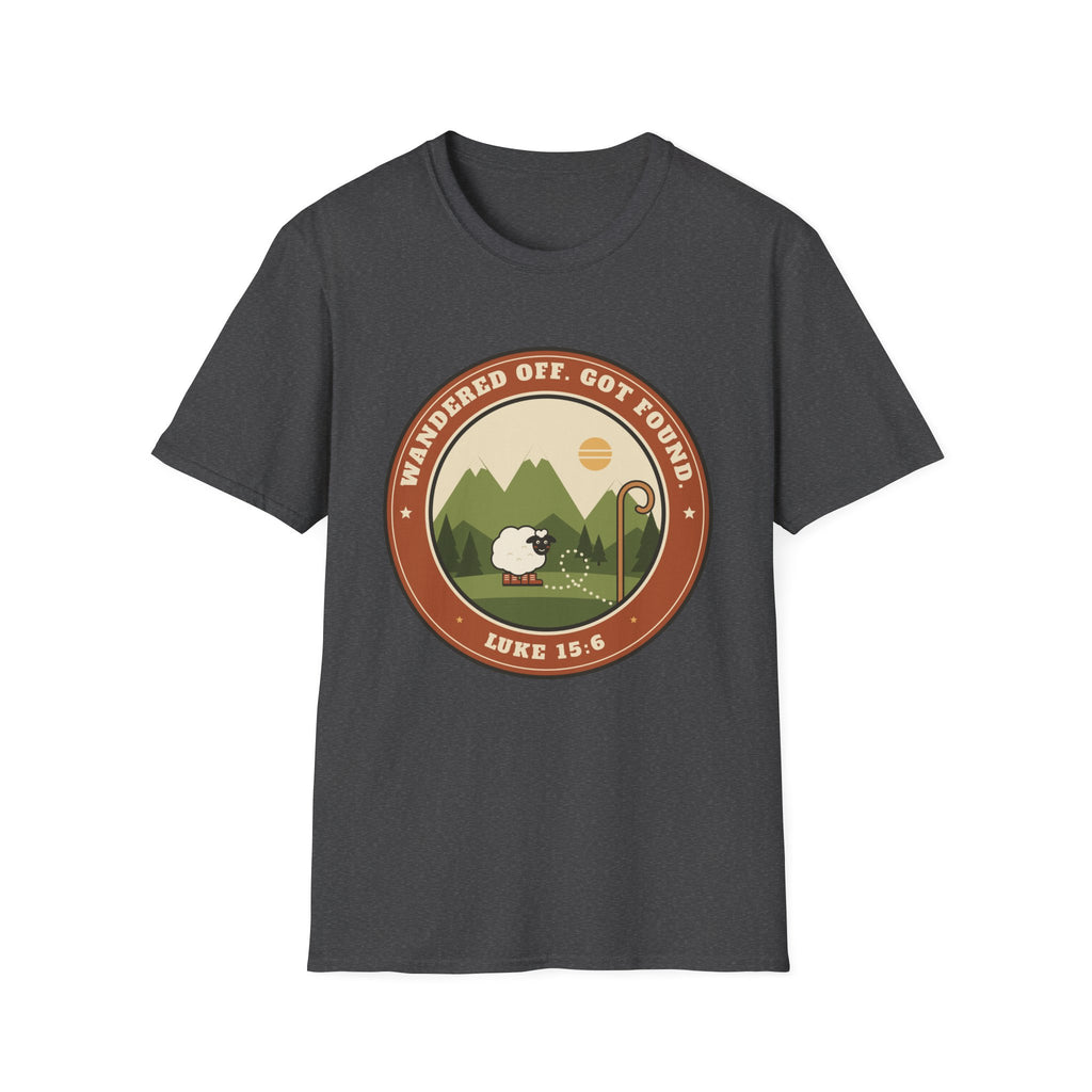 Sheep & Shepherd T-Shirt — "Wandered Off, Got Found" (Luke 15:6) Christian Faith Tee