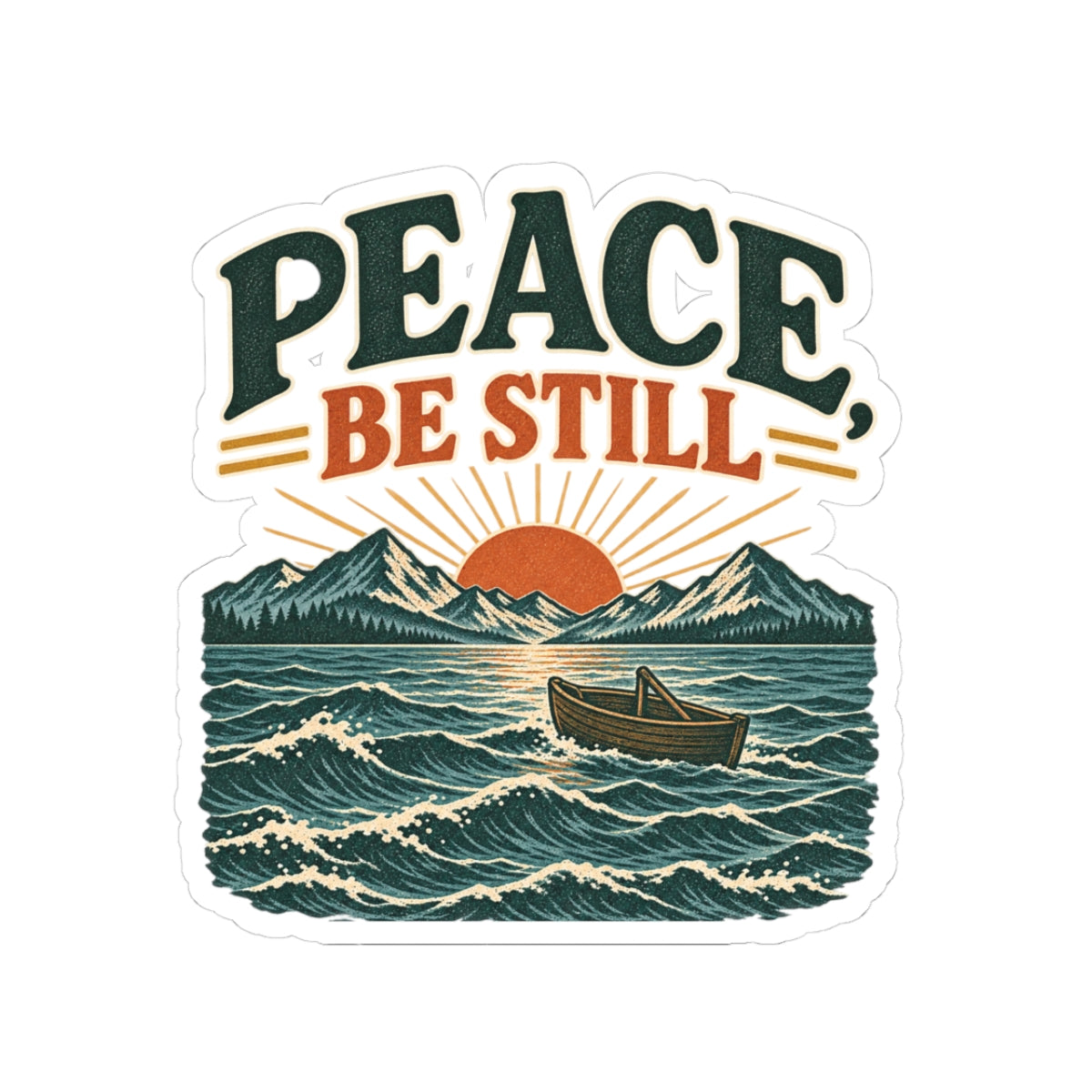 Peace, Be Still Sticker — Retro Lake Sunset Boat Vinyl Kiss-Cut