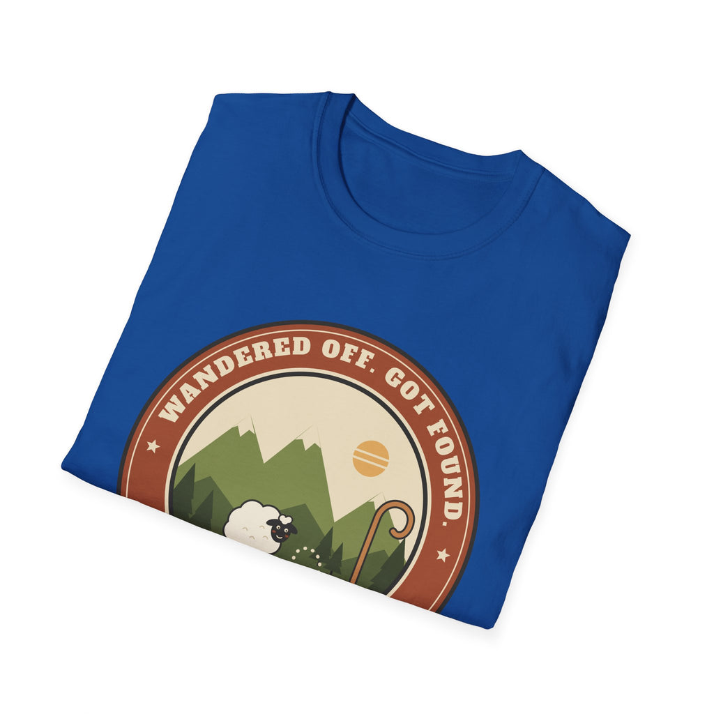 Sheep & Shepherd T-Shirt — "Wandered Off, Got Found" (Luke 15:6) Christian Faith Tee